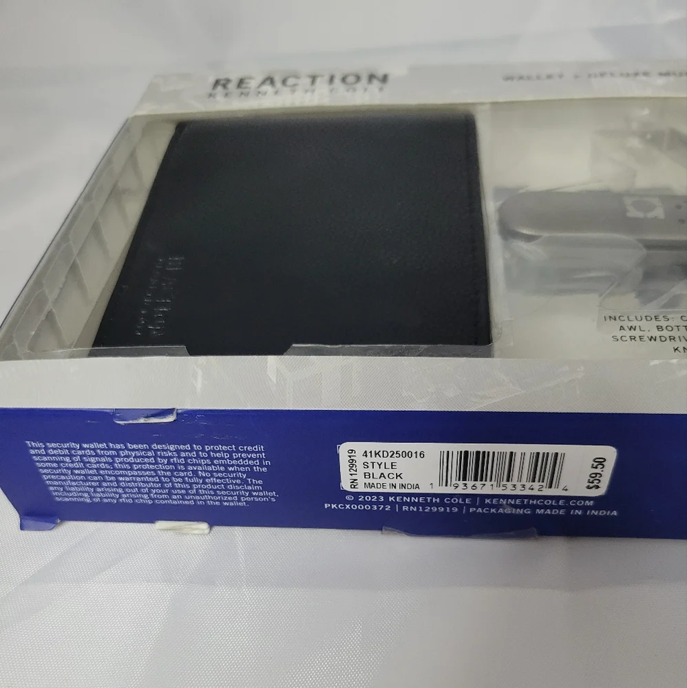 New Reaction Kenneth Cole Black Bifold RFID Security Wallet & Multi Tool
